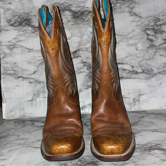 Ariat Turquoise and Tan Leather Western Boots - Picture 3 of 14